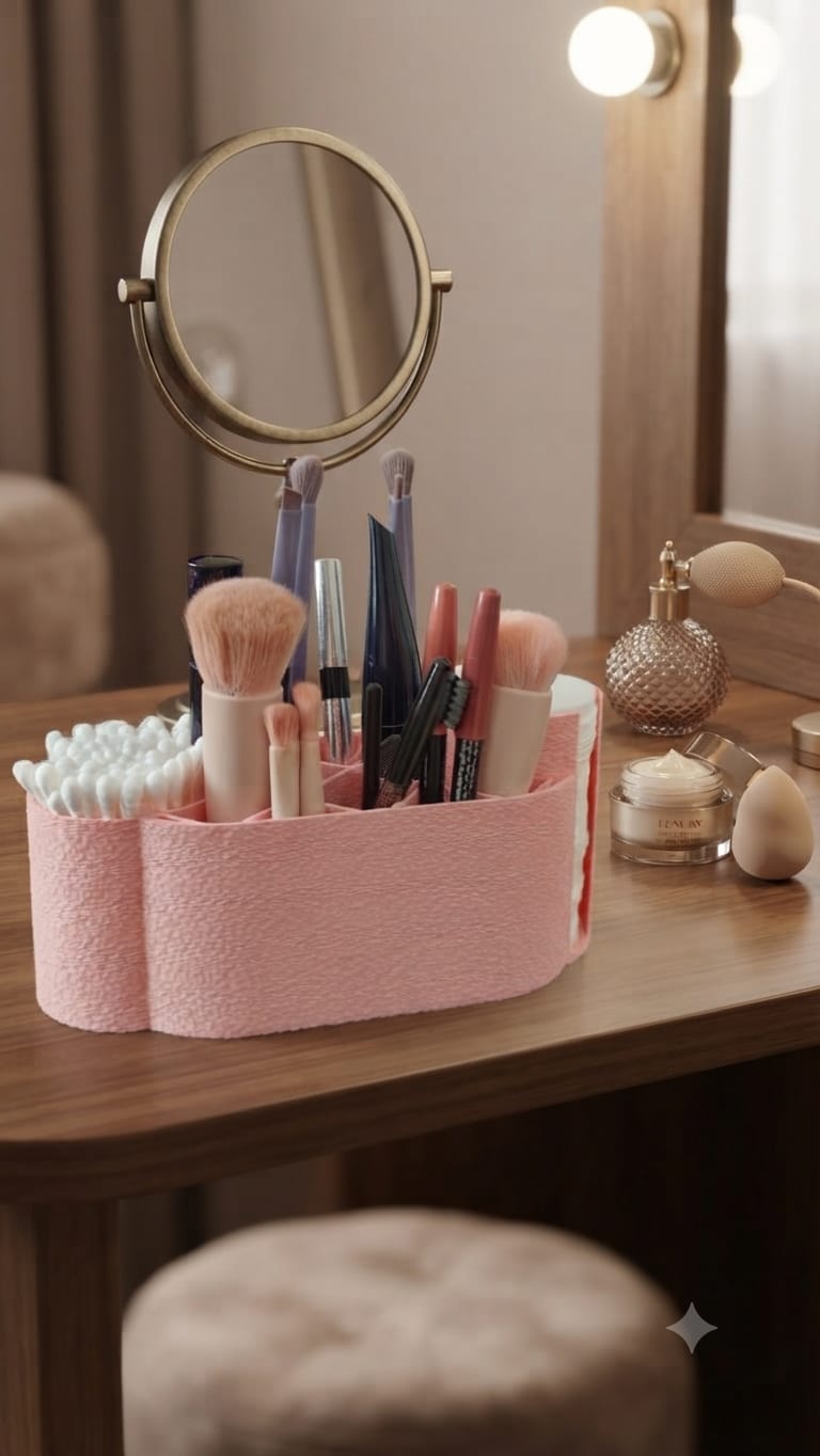 Makyaj Organizeri - Fırçalık, Pamukluk ve Kulak Çubuğu Düzenleyici - Pembe