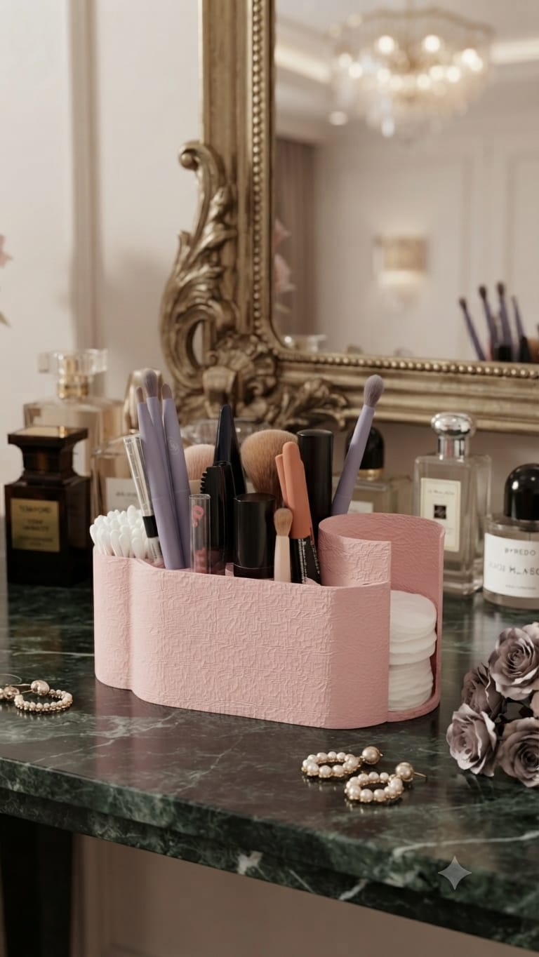 Makyaj Organizeri - Fırçalık, Pamukluk ve Kulak Çubuğu Düzenleyici - Pembe